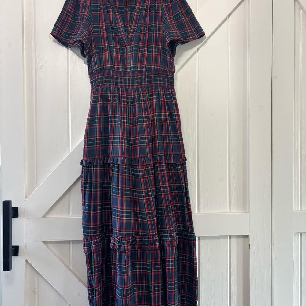 Sugarlips Miley Navy Tartan Plaid Palmer Puff Sleeve Tiered Maxi Dress Small - Picture 3 of 10
